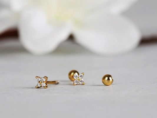 Tiny 20G Flower Shape Stud Earring with Screw Ball Backing