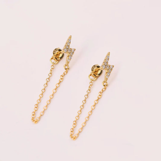 Lightning Bolt Pave Stud Earrings with Dangling Chain