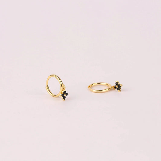 Dangly Black Flower Hoop Earrings