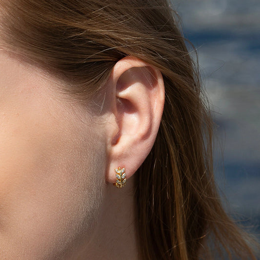Gold Olive Leaf Pave Huggie Hoop Earrings