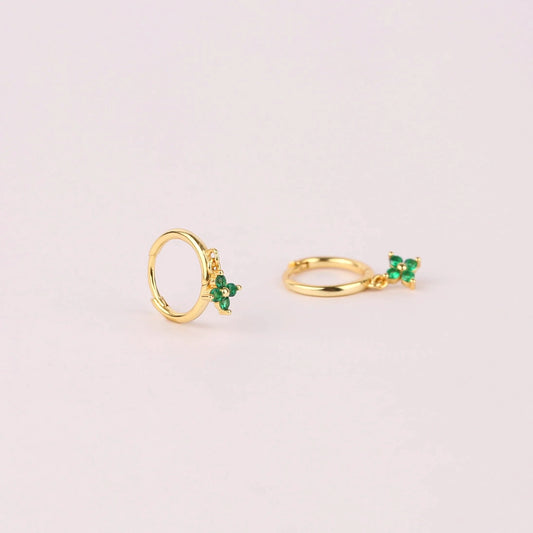 Emerald Flower Charm Dangle Hoop Earring