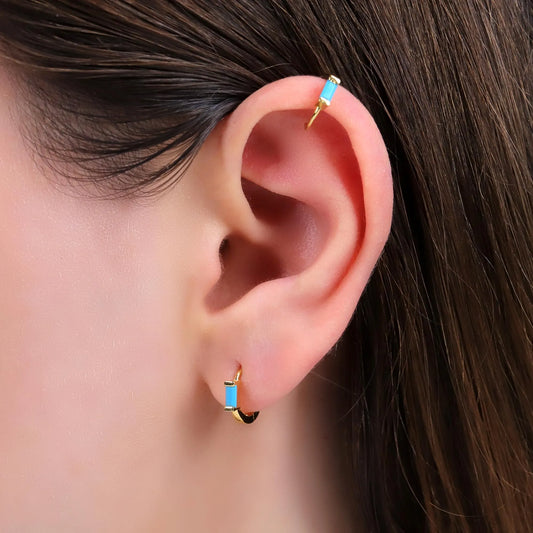 Turquoise Baguette Huggie Hoop Earrings