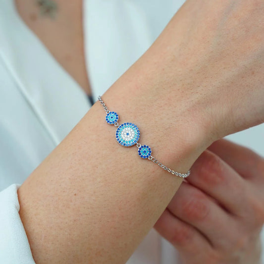 Sterling Silver Bracelet with 3 Round Evil Eyes Charm