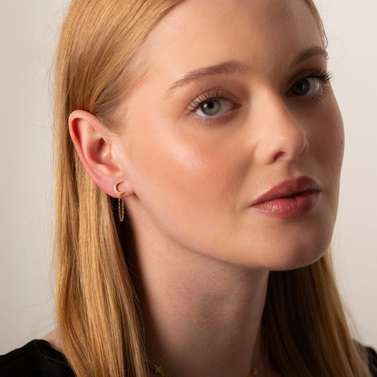 Tiny Moon Stud Earrings with Dangly Chain