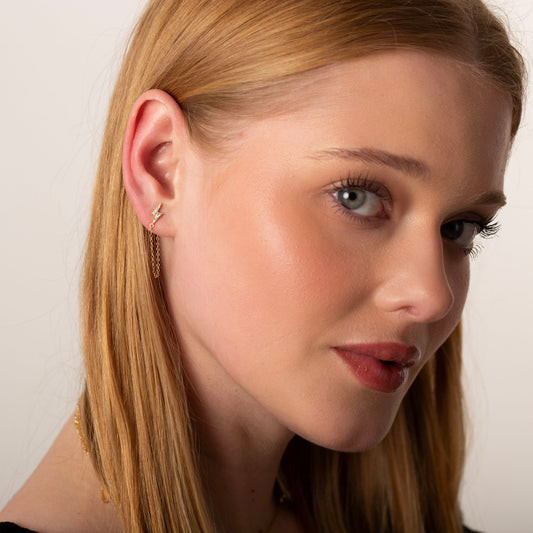 Lightning Bolt Pave Stud Earrings with Dangling Chain