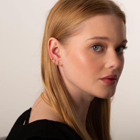 Gold Beaded Huggie Hoop Earrings with Single Diamond