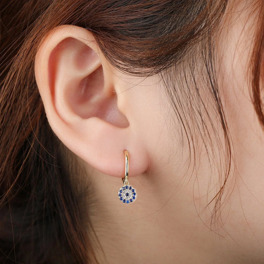 Tiny Evil Eye Charm Dangle Hoop Earrings