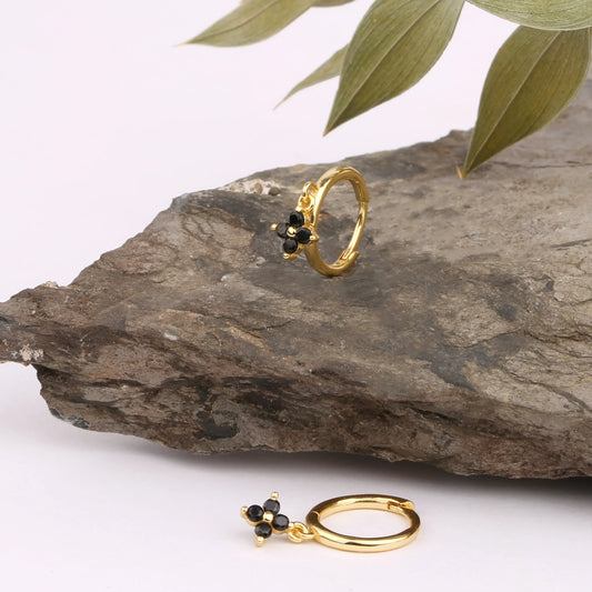 Dangly Black Flower Hoop Earrings