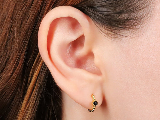 Beaded Black Single Stone Huggie Hoop Earrings