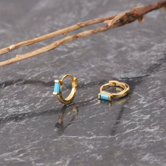 Turquoise Baguette Huggie Hoop Earrings