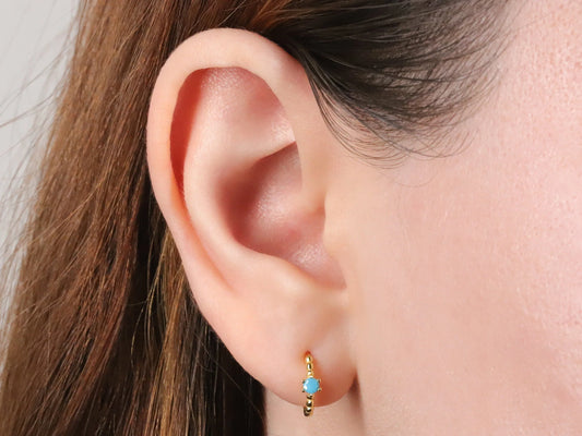 Tiny Turquoise Beaded Huggie Hoop Earrings