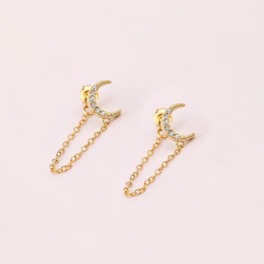 Tiny Moon Stud Earrings with Dangly Chain