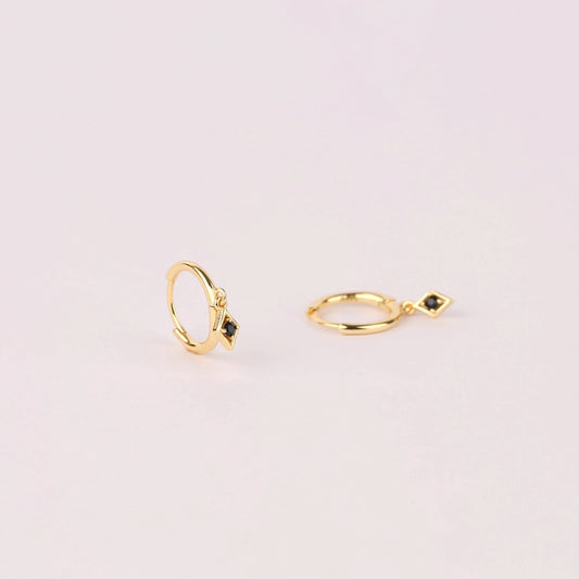 Tiny Dangling Black Charm Hoop Earrings