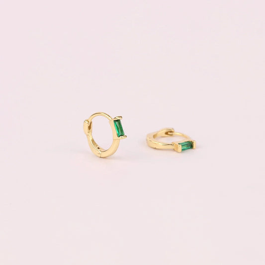 Baguette Cut Emerald Huggie Hoop Earrings