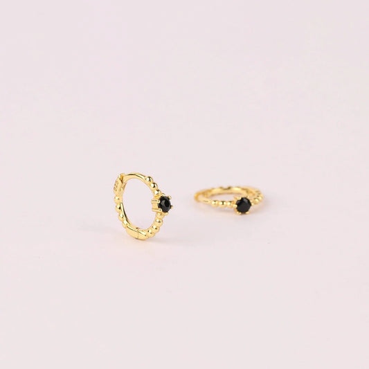 Beaded Black Single Stone Huggie Hoop Earrings