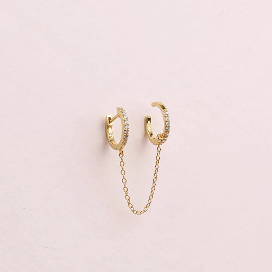 Double Pave Huggie Hoops With Dangle Chain