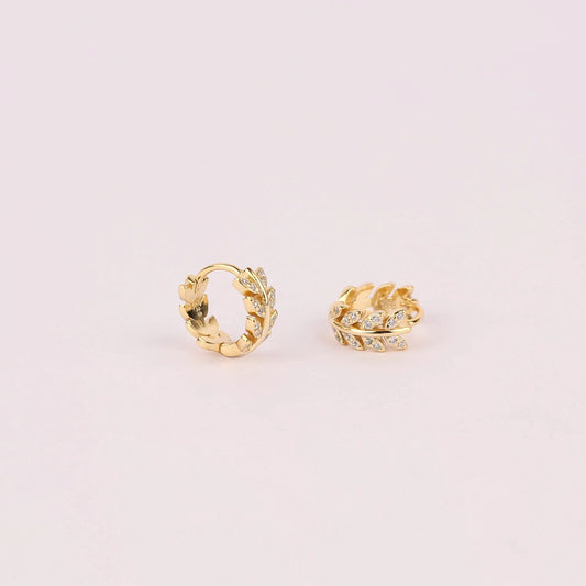 Gold Olive Leaf Pave Huggie Hoop Earrings