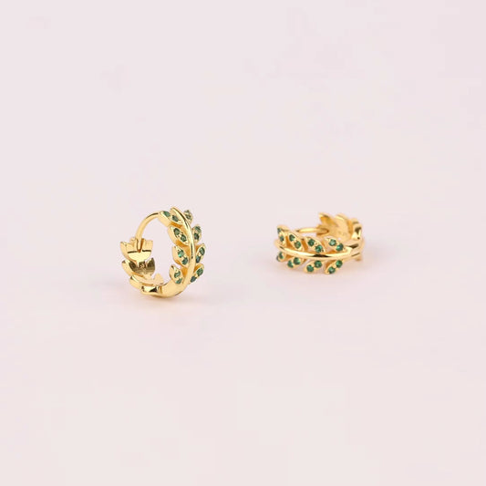 Emerald Green Olive Leaf Huggie Hoop Earrings
