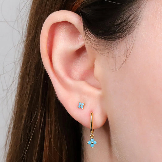 Turquoise Flower Shaped Dangle Hoop Earrings