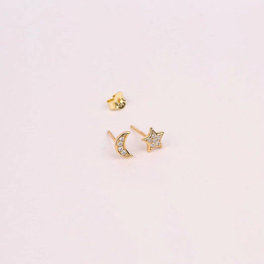 Tiny Moon and Star Stud Earrings