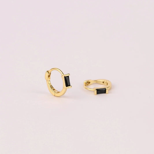 Black Stone Baguette Huggie Hoop Earrings