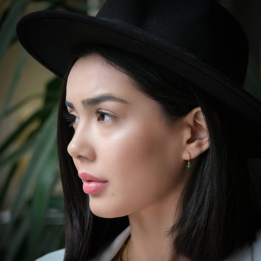 Emerald Flower Charm Dangle Hoop Earring