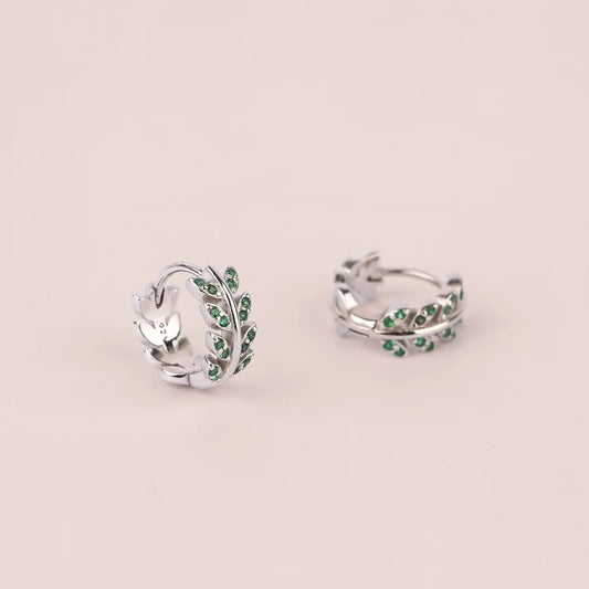 Emerald Green Olive Leaf Huggie Hoop Earrings
