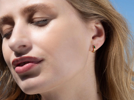 Baguette Cut Emerald Huggie Hoop Earrings