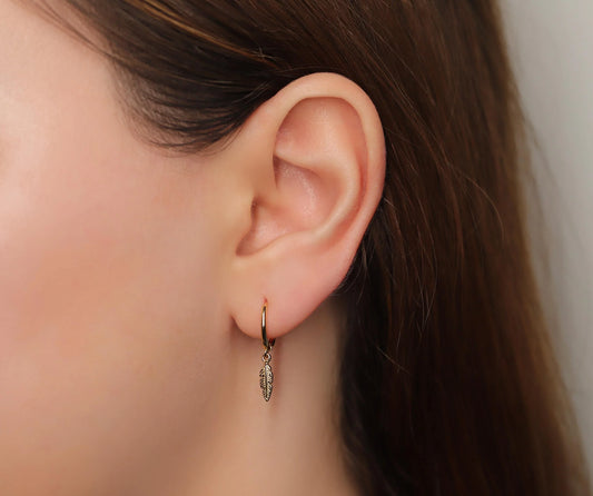Feather Charm Dangle Hoop Earrings