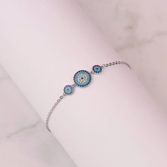 Sterling Silver Bracelet with 3 Round Evil Eyes Charm