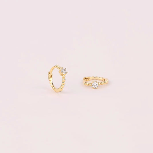 Gold Beaded Huggie Hoop Earrings with Single Diamond