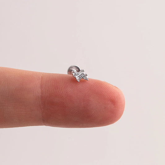 Three Diamond CZ Threadless Push Pin Flat Back Labret Stud