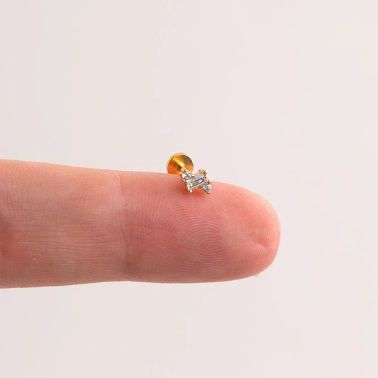 Three Diamond CZ Threadless Push Pin Flat Back Labret Stud